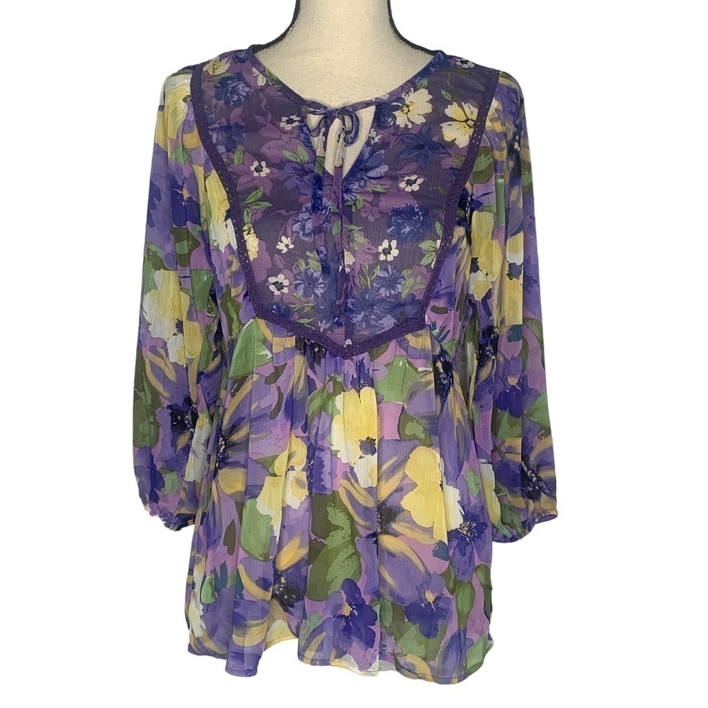 Fig and Flower Floral Keyhole Neckline Chiffon Blouse NWT - Picture 2 of 14